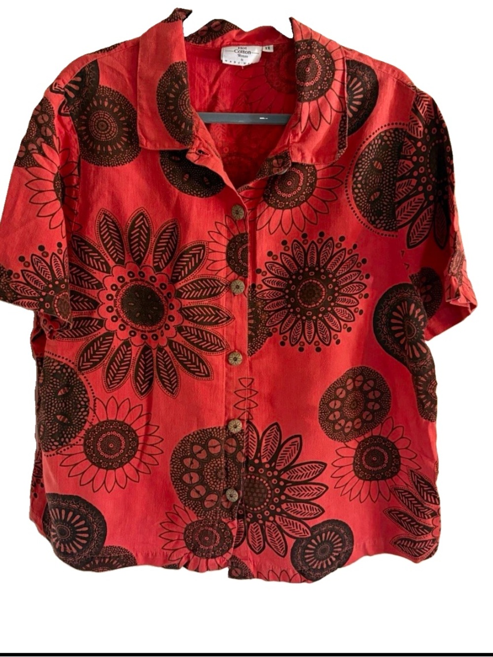 Hot Cotton Women's 1X Red/Black Linen Button-Up Whimsical Artsy floral sunflower
